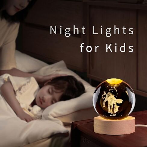 Leo Crystal Ball with Wooden Light Base, 60mm 3D Laser Etched Constellation Glass Sphere Decorative Balls Paperweight Gift in Saudi Arabia