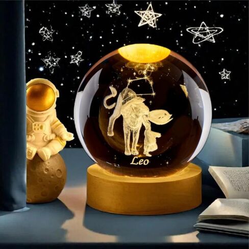 Leo Crystal Ball with Wooden Light Base, 60mm 3D Laser Etched Constellation Glass Sphere Decorative Balls Paperweight Gift in Saudi Arabia