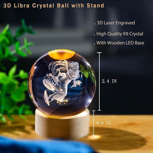 Leo Crystal Ball with Wooden Light Base, 60mm 3D Laser Etched Constellation Glass Sphere Decorative Balls Paperweight Gift in Saudi Arabia
