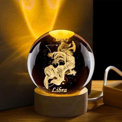 Leo Crystal Ball with Wooden Light Base, 60mm 3D Laser Etched Constellation Glass Sphere Decorative Balls Paperweight Gift in Saudi Arabia