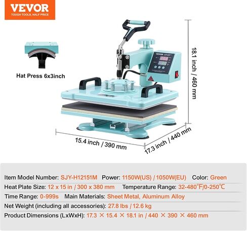 VEVOR 15x15 Heat Press & Hat Heat Press 2 in 1 Machine, Digital Temp&Timer Control, Heat Up Fast & Even - Cap & Shirt Press Combo Machine for Most Hats, T Shirt, Cap, Pillow, Bag, Pad, Hoodie in Saudi Arabia