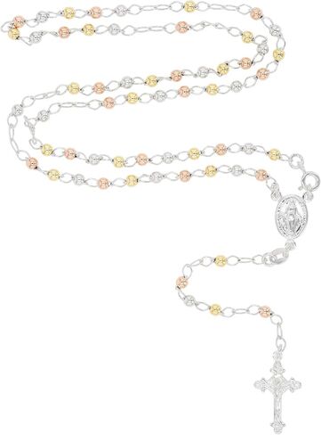 Solid 925 Sterling Silver Tricolor 3mm-5mm Italian Virgin Mary Rosary Bead Cross Necklace | Made In Italy | 925 Sterling Silver Rosary Y Necklace Chain for Women And Men in Kuwait