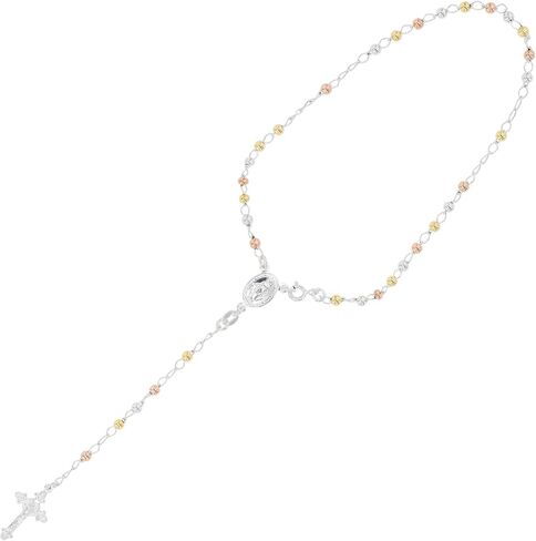 Solid 925 Sterling Silver Tricolor 3mm-5mm Italian Virgin Mary Rosary Bead Cross Necklace | Made In Italy | 925 Sterling Silver Rosary Y Necklace Chain for Women And Men in Kuwait