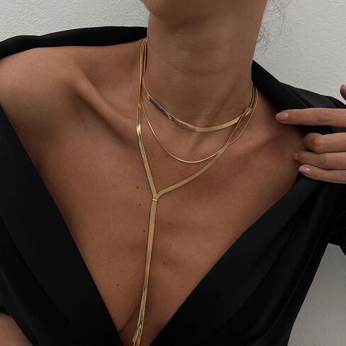 Long Layered Gold Choker Necklace for Women Fashion Triple Layering Snake Chain Chokers Thick Stack Pendant Y Necklaces Prom Formal Statement Jewelry in Saudi Arabia