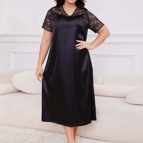 بالإضافة إلى حجم قمصان النوم الحريرية للنساء الساتان الليلي Tshirt Tshirt Lightgown Lace Sleepwear Dress Dress Outfits Summer in Kuwait
