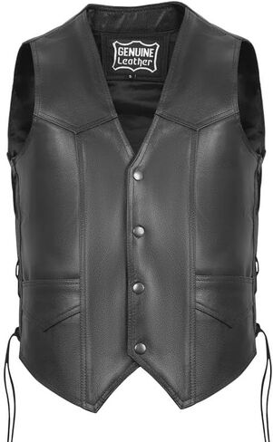 Mens Leather Motorcycle Vest for Riding With Adjustable Side Laces - Classic Western Style Snap Button Black Vest in Kuwait