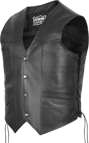 Mens Leather Motorcycle Vest for Riding With Adjustable Side Laces - Classic Western Style Snap Button Black Vest in Kuwait