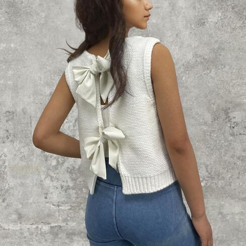 Cioatin Women Y2K Backless Tie Up Knit Crop Sweater Vest Sleeveless Round Neck Split Open Back Pullover Summer Tank Tops in Kuwait