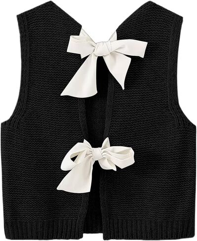 Cioatin Women Y2K Backless Tie Up Knit Crop Sweater Vest Sleeveless Round Neck Split Open Back Pullover Summer Tank Tops in Kuwait