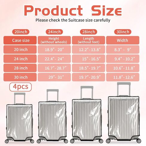 4 قطع واقي غلاف الأمتعة واقي ، 20 "24" 28 "30" PVC حقيبة الأغطية للأمتعة مقاومة للماء غلاف السفر المضاد للخلع غطاء محامي السفر للأمتعة ذات العجلات in Saudi Arabia