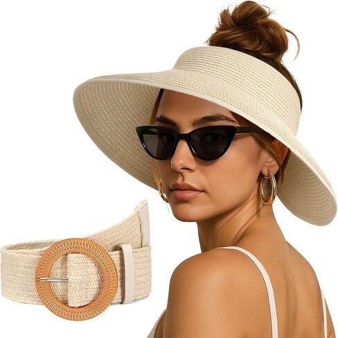 قبعات Jasgood Sun Visor للنساء على نطاق واسع قبعة شاطئية شاطئية مرنة الحزام الصيفي قبعة شمس قابلة للطي مع حزام القش in Saudi Arabia