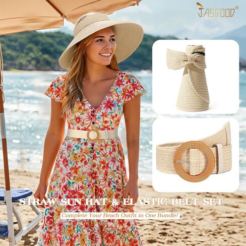 قبعات Jasgood Sun Visor للنساء على نطاق واسع قبعة شاطئية شاطئية مرنة الحزام الصيفي قبعة شمس قابلة للطي مع حزام القش in Saudi Arabia