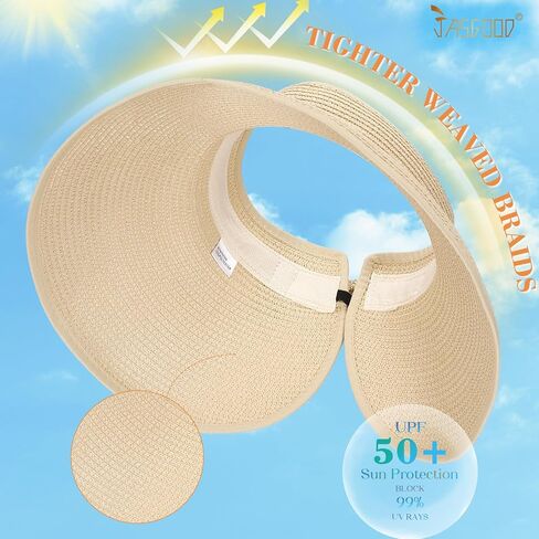 قبعات Jasgood Sun Visor للنساء على نطاق واسع قبعة شاطئية شاطئية مرنة الحزام الصيفي قبعة شمس قابلة للطي مع حزام القش in Saudi Arabia