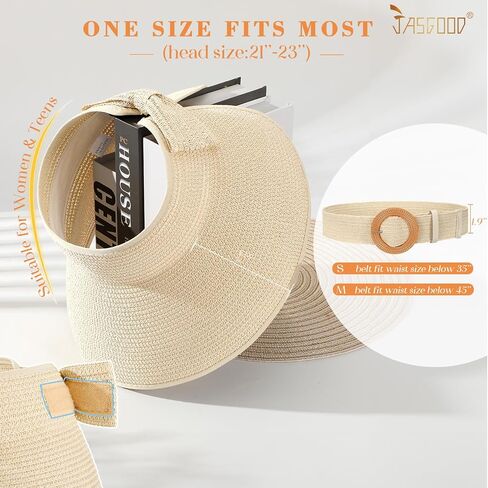 قبعات Jasgood Sun Visor للنساء على نطاق واسع قبعة شاطئية شاطئية مرنة الحزام الصيفي قبعة شمس قابلة للطي مع حزام القش in Saudi Arabia