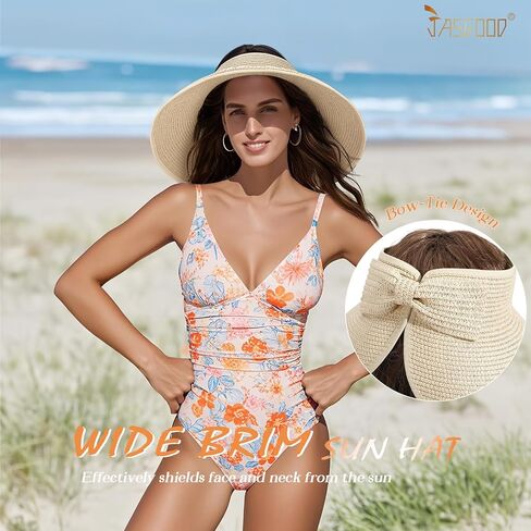 قبعات Jasgood Sun Visor للنساء على نطاق واسع قبعة شاطئية شاطئية مرنة الحزام الصيفي قبعة شمس قابلة للطي مع حزام القش in Saudi Arabia