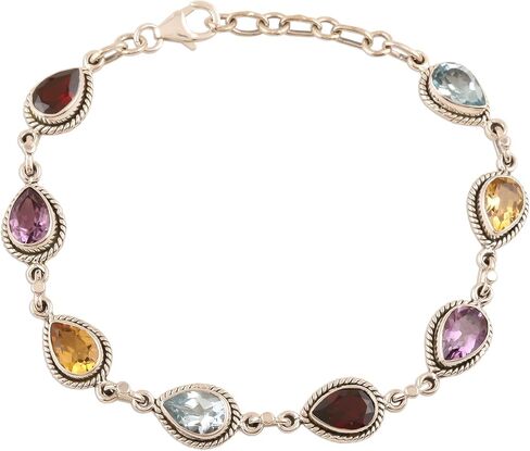 NOVICA Artisan Handmade Multigemstone Link Bracelet from India Sterling Silver Garnet Citrine Blue Topaz Amethyst Birthstone [7.5 in min L x 8.5 in max L x 0.4 in W] ' on The Bright Side' in Saudi Arabia