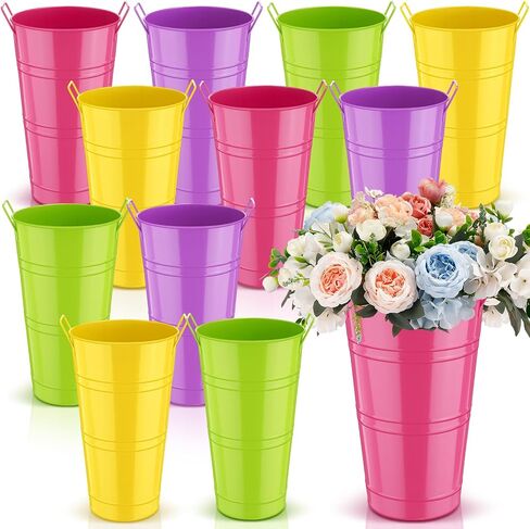 Zhehao 12 PCS 12 Inch Galvanized Metal Vase with Handles Bulk Tin Flower Buckets Galvanized Vases for Flowers Country Wedding Table Centerpieces Metal Flower Vase for Wedding Home (Creamy White) in Saudi Arabia