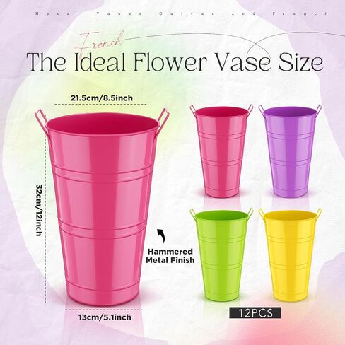 Zhehao 12 PCS 12 Inch Galvanized Metal Vase with Handles Bulk Tin Flower Buckets Galvanized Vases for Flowers Country Wedding Table Centerpieces Metal Flower Vase for Wedding Home (Creamy White) in Saudi Arabia