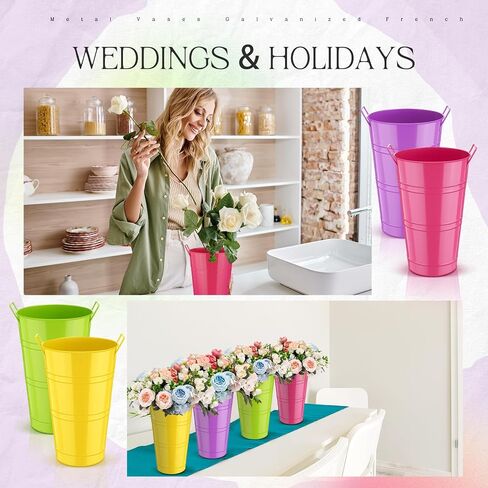 Zhehao 12 PCS 12 Inch Galvanized Metal Vase with Handles Bulk Tin Flower Buckets Galvanized Vases for Flowers Country Wedding Table Centerpieces Metal Flower Vase for Wedding Home (Creamy White) in Saudi Arabia