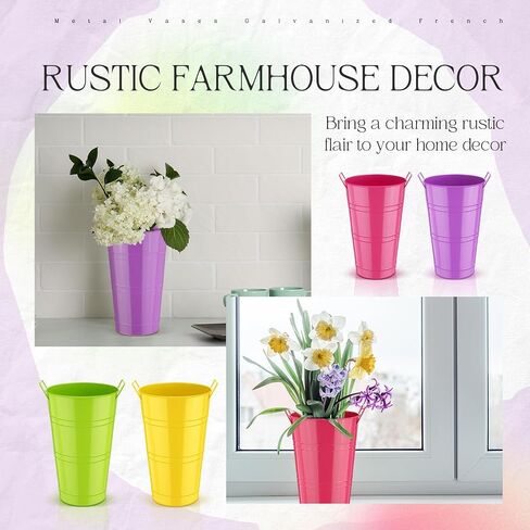 Zhehao 12 PCS 12 Inch Galvanized Metal Vase with Handles Bulk Tin Flower Buckets Galvanized Vases for Flowers Country Wedding Table Centerpieces Metal Flower Vase for Wedding Home (Creamy White) in Saudi Arabia
