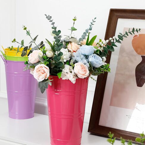 Zhehao 12 PCS 12 Inch Galvanized Metal Vase with Handles Bulk Tin Flower Buckets Galvanized Vases for Flowers Country Wedding Table Centerpieces Metal Flower Vase for Wedding Home (Creamy White) in Saudi Arabia