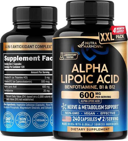 Alpha Lipoic Acid 600mg - ALA Supplement 4-in-1 with Benfotiamine, Vitamin B1 & B12 - Antioxidant, Metabolism & Nerve Support - Laboratory Tested, NON-GMO & Vegan - 120 Capsules, 2 Month Supply in Saudi Arabia