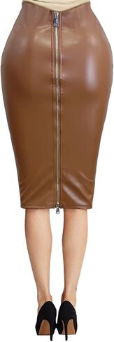 Women's Faux Leather Pencil Skirt, High Waist Midi Length with Double Zipper in Saudi Arabia