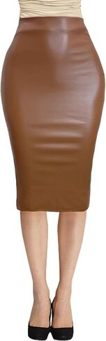 Women's Faux Leather Pencil Skirt, High Waist Midi Length with Double Zipper in Saudi Arabia