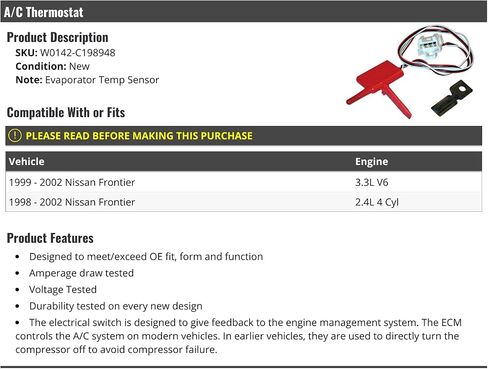 مستشعر ترموستات A/C - متوافق مع 1998-2002 Nissan Frontier in Saudi Arabia