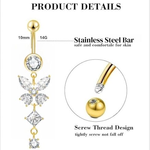 6 Pieces Belly Button Ring Dangle Stainless Steel Belly Rings 14G Belly Button Piercing Cute Navel Ring Belly Piercing Jewelry in Saudi Arabia