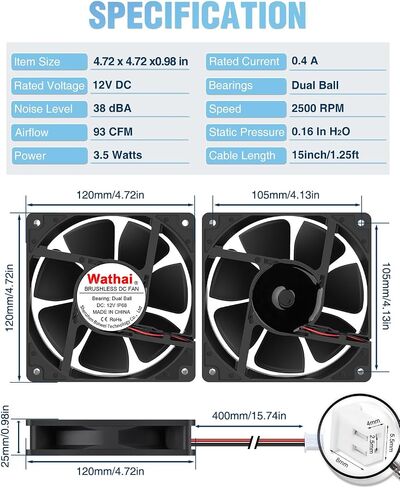 Wathai 120mm x 25mm Waterproof Small Box Fan IP67 12V Computer Fan with AC Plug Speed Controller 110v 120v 220v 240v for Biltong Box, Aquarium, Greenhouse Cooling in Kuwait