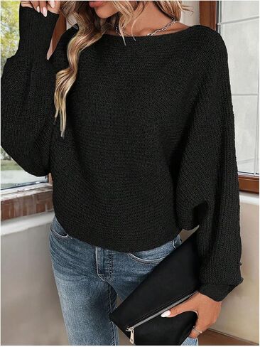 Women's Off Shoulder Lace Up Back Sweaters Long Sleeve Loose Pullovers Casual Knit Fall Tops in Kuwait
