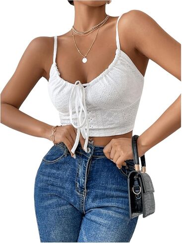 WDIRARA Women's Drawstring Tie Front Ruched Cropped Cami Backless Spaghetti Strap Slim Fit Solid Camisole in Saudi Arabia