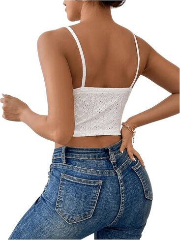 WDIRARA Women's Drawstring Tie Front Ruched Cropped Cami Backless Spaghetti Strap Slim Fit Solid Camisole in Saudi Arabia