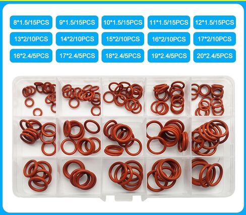 Pack of 100, 150 pieces, 250 pieces, silicone O-ring seals, waterproof washer, oil resistant, high temperature oring assortment sets (red 1.5 mm (1 set)) in Kuwait