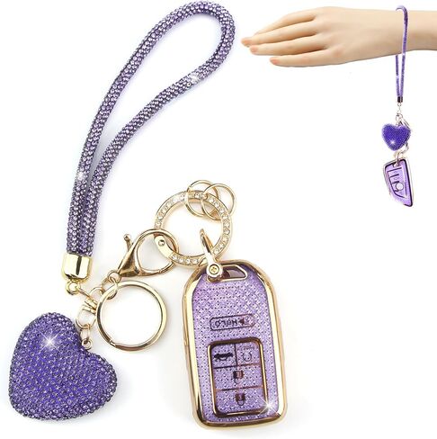 Key Fob Cover with Diamond Heart Keychain Car Key Holder Compatible with 2016-2022 Honda Accord Civic CRV Pilot Ridgeline Passport Remote Key Protector for Women, 5 Buttons (Pink-Wrist Rope) in Saudi Arabia