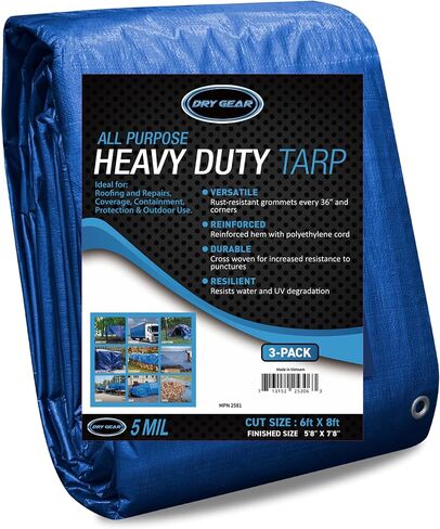 Tarps Blue All Purpose Waterproof 8x10 (Pack of 3) - All Purpose 5 MIL Tarp - High Durability Pack of 3 8x10 Tarps - Construction, Rain Shelter, Outdoor Cover and Camping Use by Dry Gear in Saudi Arabia