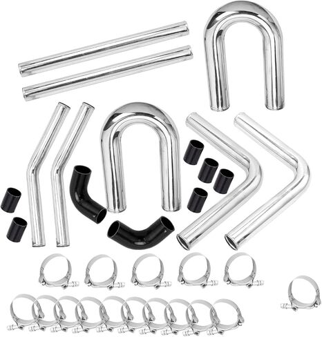 Sunroad 3in 3 '' 8pcs turbo interbooler tube boot boot المصقول أنبوب هواء 600 مم مع خرطوم سيليكون 2pcs و 16pcs 3 " in Kuwait