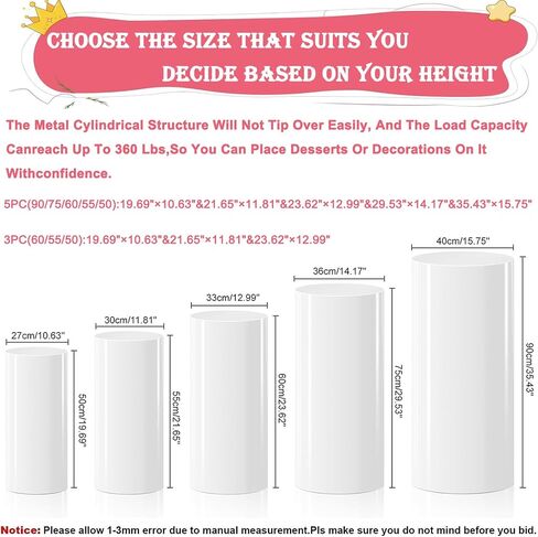 Cylinder Pedestal Stands for Parties,Metal Cylinder Stands for Party White Round Display Pedestal Stand for Wedding Props Birthday Babyshower Party Event Decor (5PC(90/75/60/55/50)) in Saudi Arabia