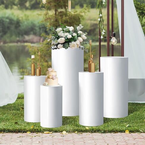 Cylinder Pedestal Stands for Parties,Metal Cylinder Stands for Party White Round Display Pedestal Stand for Wedding Props Birthday Babyshower Party Event Decor (5PC(90/75/60/55/50)) in Saudi Arabia