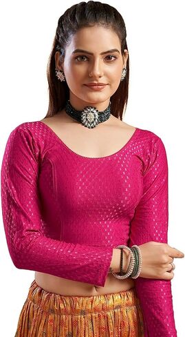 TMS Women's Blouses Readymade Gold Stretchable Saree Crop Top Choli Free Size Long Sleeve in Kuwait