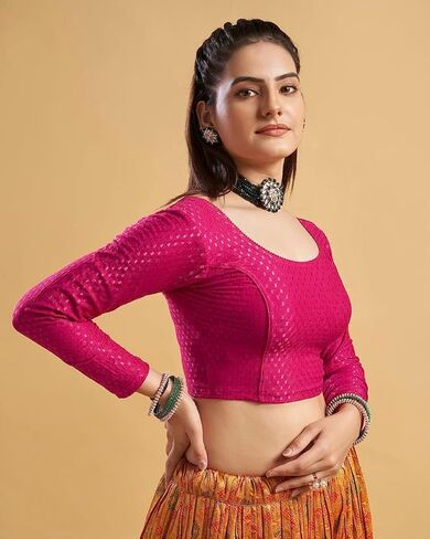 TMS Women's Blouses Readymade Gold Stretchable Saree Crop Top Choli Free Size Long Sleeve in Kuwait