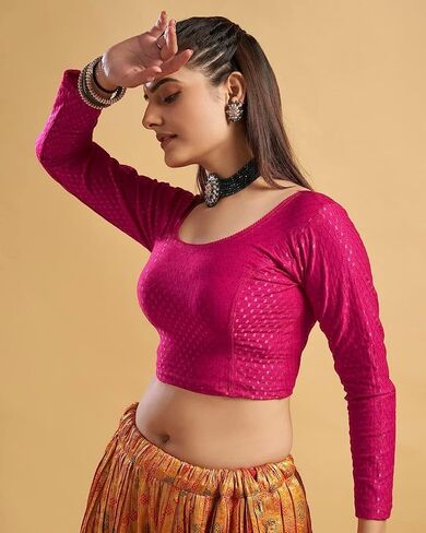 TMS Women's Blouses Readymade Gold Stretchable Saree Crop Top Choli Free Size Long Sleeve in Kuwait