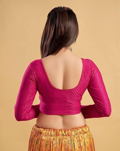 TMS Women's Blouses Readymade Gold Stretchable Saree Crop Top Choli Free Size Long Sleeve in Kuwait