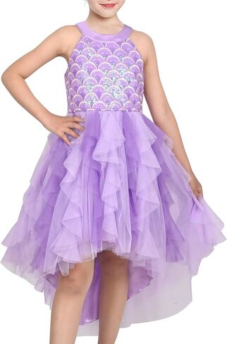 Sunny Fashion Girls Halter Dress Purple Pleated Tiered Sequin Pageant Hi-lo Hollow Back in Saudi Arabia