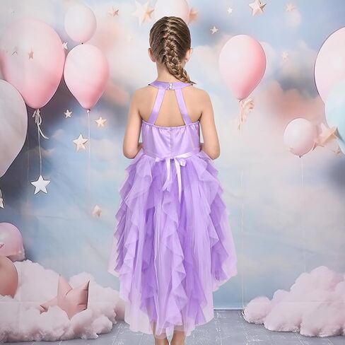 Sunny Fashion Girls Halter Dress Purple Pleated Tiered Sequin Pageant Hi-lo Hollow Back in Saudi Arabia