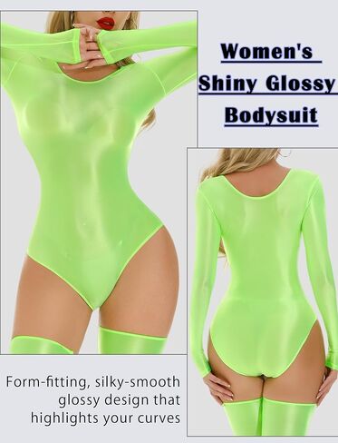 Women's Shiny Long-Sleeve Leotard Glossy Oil Tights Bodycon Triangle Bodysuit for Nightwear M-XL in Saudi Arabia