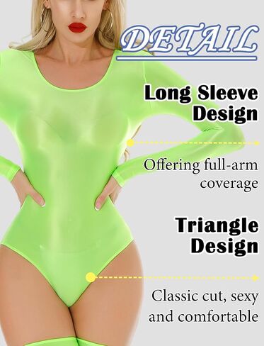Women's Shiny Long-Sleeve Leotard Glossy Oil Tights Bodycon Triangle Bodysuit for Nightwear M-XL in Saudi Arabia