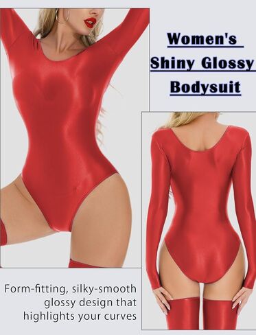 Women's Shiny Long-Sleeve Leotard Glossy Oil Tights Bodycon Triangle Bodysuit for Nightwear M-XL in Saudi Arabia