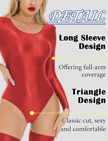 Women's Shiny Long-Sleeve Leotard Glossy Oil Tights Bodycon Triangle Bodysuit for Nightwear M-XL in Saudi Arabia